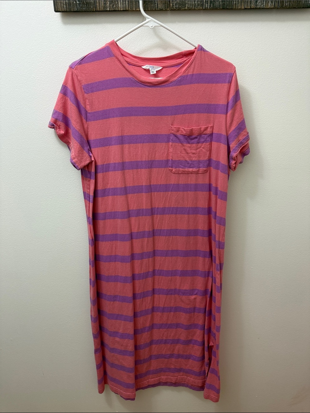 Time and Tru Pink & Purple Striped Midi T-Shirt Dress with Pocket